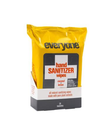 Everyone Hand Sanitizer Wipes, 1 Pack of 30 Towelettes, Coconut and Lemon, Plant Derived Alcohol with Pure Essential Oils, 99% Effective Against Germs Coconut + Lemon 30 Count (Pack of 1)