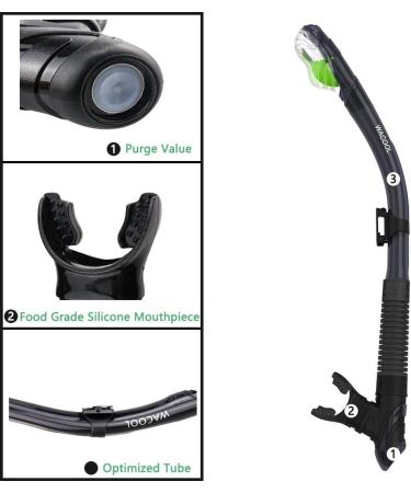 WACOOL Dry Top Snorkel with Comfortable Mouthpiece and One-Way Purge Valve - Ideal for Pool, Open Water, Scuba Diving, and Snorkeling - Black - Buy Online on GoSupps.com
