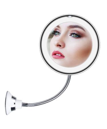 10X Magnifying Mirror with Lights, Flexible Mirror as seen on TV, Powerful Suction Cup, 360 Swivel Flexible Gooseneck Makeup Mirror for Bathroom Shaving Travel Vanity, Cordless