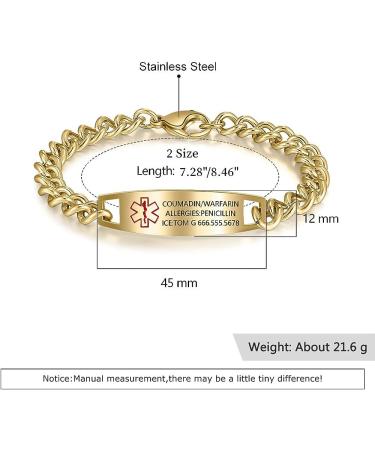 Custom Engraved Stainless Steel Medical Alert Bracelet | Adjustable Allergy Wristband - Gold | Nameinhea - Buy Online on GoSupps.com