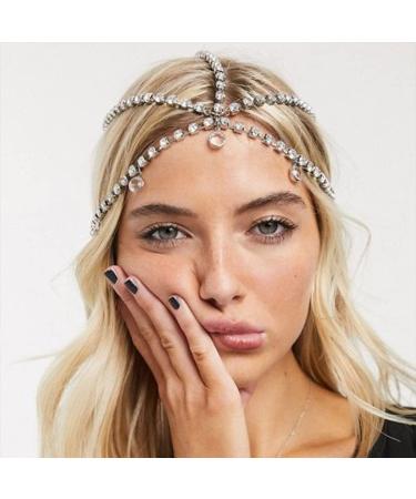 Fdesigner Crystal Head Chain Wedding Headpieces Rhinestone Bride Hair Jewelry Boho Party Teardrop Headband Hair Accessories for Women and Girls (Silver-Boho)