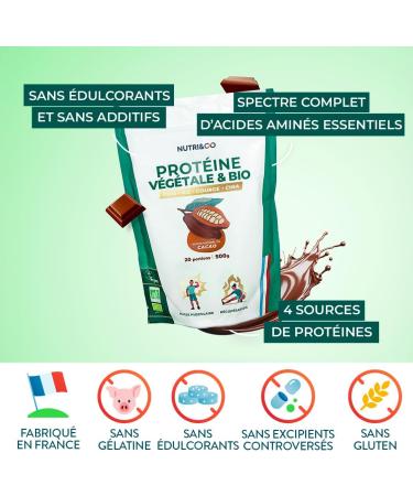 NUTRI & CO Prot ines Veg tales BIO - 4 Sources : Pois Riz Chia & Courge - Riche en BCAA - Vegan Protein 100% naturelle - Go t Naturel Cacao 500g - Sans dulcorant ni additif - Fabriqu en France 500 g (Lot de 1) - Buy Online on GoSupps.com