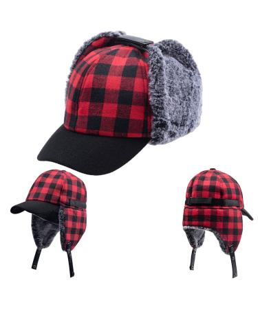 Winter Buffalo Plaid Trapper Hunting hat Sherpa Ear Flaps Elmer fudd Hunter Cap Long Red