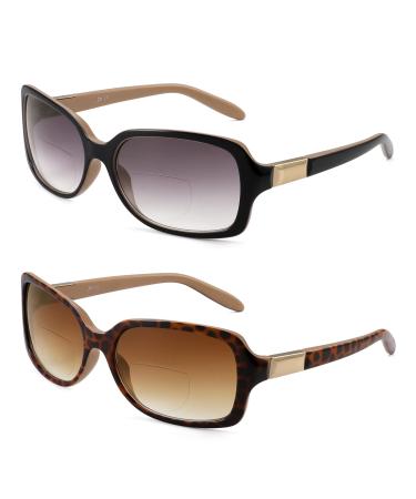 JM 2 Pack Classic Bifocal Reading Glasses Square Stylish Gradient Sunglasses Readers for Women +1.5 Black & Tortoise 1.5 x