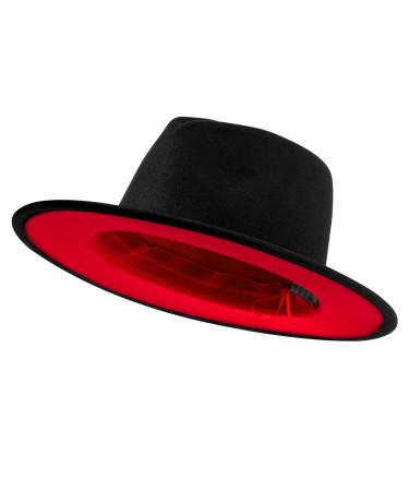 jingsha Fedora Hats for Men & Women Wide Brim Felt Panama Hat Men's Dress Hats with Belt Buckle Black-red(inside) Large