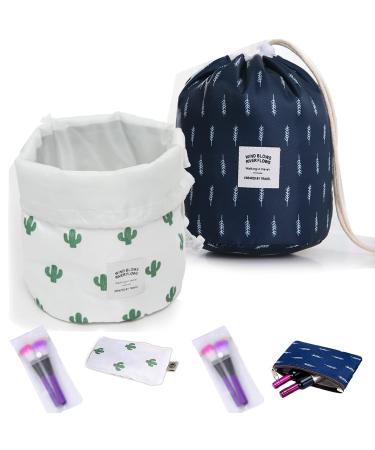 Makeup Bag Portable Drawstring Cosmetic Bag for Women Foldable Large Travel Toiletry Organizer Pouch Cactus + Leaf