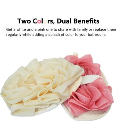 Double-Sided Natural Loofah Exfoliating Body Scrubber & Mesh Pouf Set - 2 Piece Bath Sponges in White/Pink for Shower - Buy Online on GoSupps.com