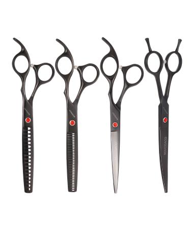 NOVOSACO Professional Dog Grooming Scissors Set 7-Inch Pet Grooming Scissors Chunkers Shears for Dog Two-Way Curved Dog Grooming Scissors Thinning Shears for Dog (4-Pieces Set (Black))