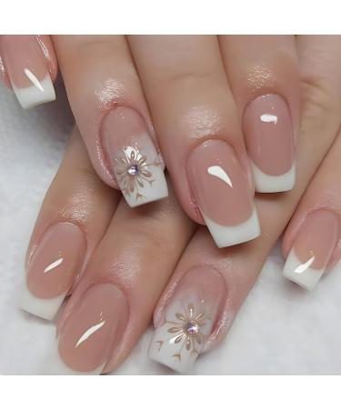 SINLOV Medium French Snowflake False Nails Nude Fake Nails Glossy Press on Nails Ballerina Acrylic Full Cover Fake Nails for Women and Girls