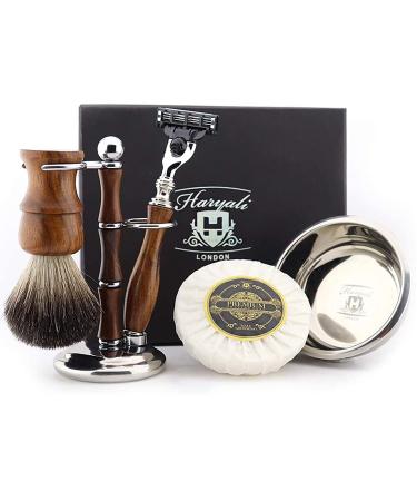 Haryali London Razor Set-5-part razor set made of wood-razor with 3 blades-badger hair brush-shaving soap-shaving bowl-shaving stand-gift rasier set wood - Buy Online on GoSupps.com