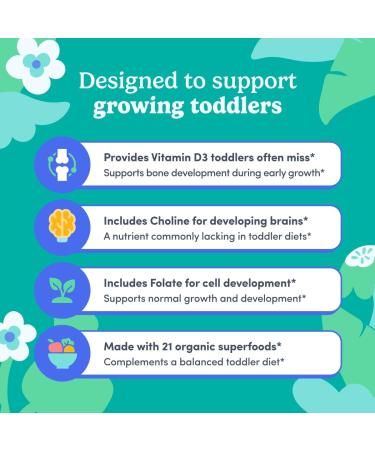 FIRST DAY Toddler Multivitamin Gummies (Ages 2-3)| Kids Multivitamin Gummies with Vitamins A C D3 B2 B12 Choline Folate and 21 Organic Superfoods| (30 Day Supply) - Buy Online on GoSupps.com