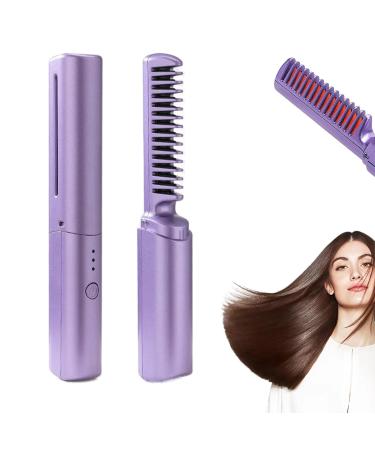 Portable Mini Hair Straightener Comb Rechargeable Mini Hair Straightener Comb 2 in 1 Negative Ion Hair Straightener Styling Comb Hair Split End Trimmer Cordless Hair Straightener (Purple)