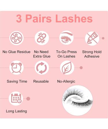 3 Pairs Self-Adhesive Eyelashes Reusable False Eyelashes with Tweezers No Glue Needed Natural Look Like Lash Extensions Waterproof Glueless Eyelashes - Buy Online on GoSupps.com
