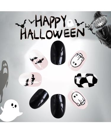 Haunted Halloween Press-On Nails | Short Oval Black Acrylic with Spooky Bat & Checkered Designs | 24 Pcs Full Cover for Women - Buy Online on GoSupps.com