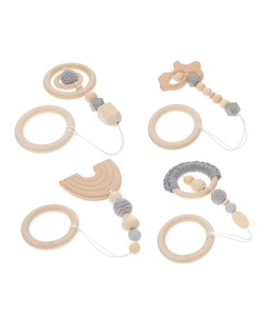 Woodsy Decor 4Pcs Hanging Baby Gym Wood Toys Set - Wooden Baby Play Gym Activity Pendant Rattles, Teething Soothers, Sensory Toys - Nursery Grey & Beige Theme - Buy Online on GoSupps.com