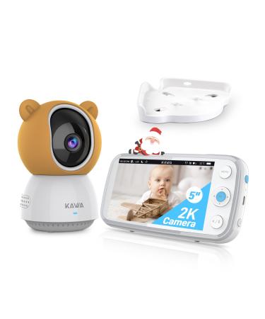 KAWA 2K Baby Monitor 5" IPS Screen Video Baby Monitor with Camera and Night Vision TF Card Storage(Not Included) 4000mAh 4X Zoom 2-Way Talk 180 Flip Lullabies Temp Sensor 1000ft Range (S7) Brown