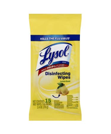 Lysol Disinfecting Wipes To-Go Pack, Lemon Scent, 15 Count (Pack of 6)