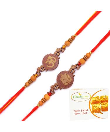 Ghasitaram Gifts Rakhi for Brother Rakhis Online - Set of 2 BW-5410 and BW-5414 Om Ganesh Divine Rakhis with 200 GMS of Besan Barfi
