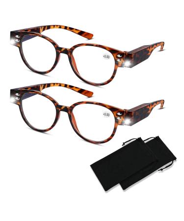 2 Pack Magnifying Glasses with Light Reading Glasses with Lights Bright LED Readers Lighted Reading Glasses Blue Light Blocking Glasses Magnifier Nighttime Reader for Women Men Lighted Eyeglasses+350