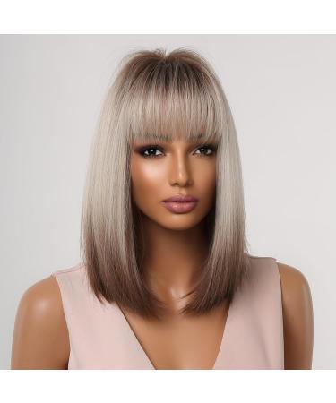 Shop Testar Ombre Blonde Brown Wig - 14 Straight Soft Bob with Dark Roots | Heat-Resistant Synthetic Hair for Women - Buy Online on GoSupps.com