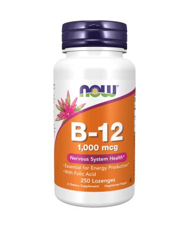 NOW Supplements, Vitamin B-12 1,000 mcg with Folic Acid, Nervous System Health*, 250 Chewable Lozenges 250 Count (Pack of 1)