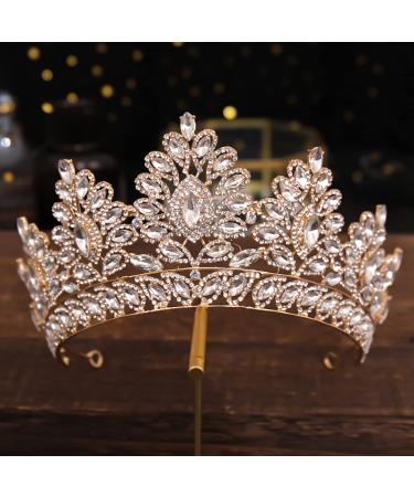 Bmirth Baroque Crown and Tiara Gold Crystal Pearl Bride Wedding Queen Crowns Decorative Princess Tiaras Rhinestone Hair Accessories for Women and Girls (L)