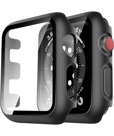 TAURI 2 Pack Hard Case Compatible for Apple Watch Series 3 2 1 42mm Built in 9H Tempered Glass Screen Protector, Touch Sensitive HD Clear Slim Bumper Full Protection Cover for iWatch 42mm 42 mm Black