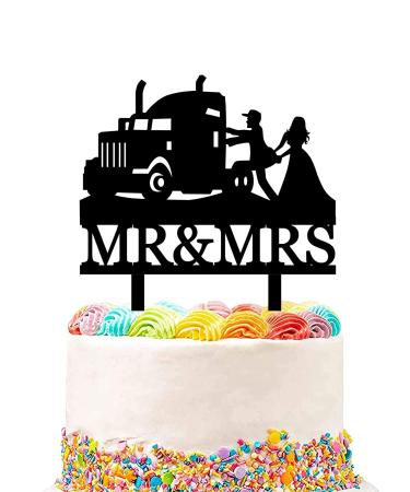Heavy Truck Wedding Cake Topper Funny Mr And Mrs Cake Topper Bride and Groom with Heavy Truck Cake Topper for Wedding/Anniversary/Bridal Shower Party Decor(Black Acrylic)