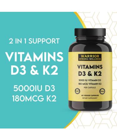 Warrior Strong Wellness Vitamin D3 and K2 Supplement - 5000IU Vitamin D3 and 180MCG Vitamin K2 Supplement - Immune, Heart Health - 2 Month-Supply, 60 Veggie Capsules - Buy Online on GoSupps.com