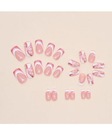 24 Pcs Pink French Press On Short Square False Nails with Butterfly & Heart Design - Nail Art Rose Pink with Glue - Stick On Nails for Women and Girls - Buy Online on GoSupps.com
