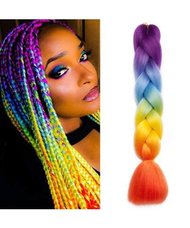 Colorful jumbo braiding hair extensions 4 tone 1pc ombre synthetic braid hair extension 60cmes purple to blue to yellow to orange 1 piece of purple up to blue to yellow to orange