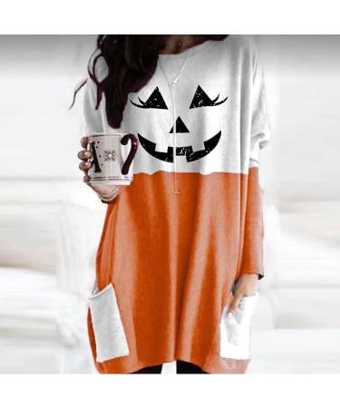 Color Block Tunic Dress for Women | Pumpkin Face Print Sweatshirt | Butterfly Print Shirt Halloween Top | Orange Small - Buy Online on GoSupps.com