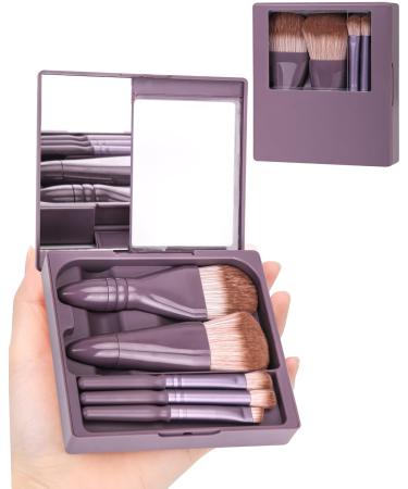 Travel Size Makeup Brushes Mini Set with Hard Case and Built-in Mirror 5Pcs Small Cosmetic Brushes On the Go Brush Travel Essentials kits for Women Girls Gift (Dark Purple)