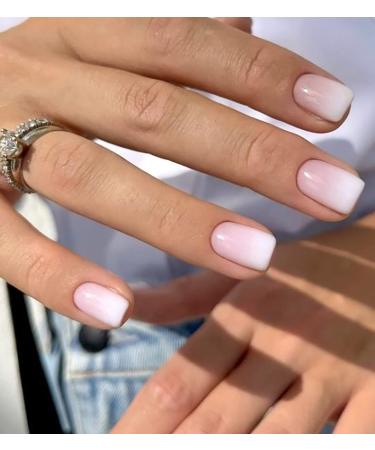 24 Pcs Ombre Press on Nails Short Square Fake Nails with Nail Glue Pink White Ombre Glue on Nails False Nails for Women