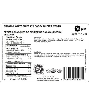 Yupik ORGANIC WHITE CHIPS 45% COCOA BUTTER VEGAN- 500G Gluten-free Vegan Non-GMO - Buy Online on GoSupps.com