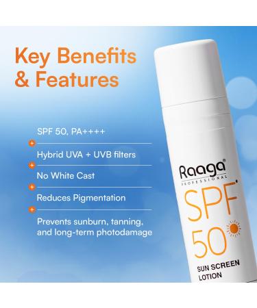 Raaga Sunscreen Lotion SPF 50 Broad Spectrum UVA and UVB Lightweight Non Greasy Water Resistant 1.86 Fl Oz 55ml - Buy Online on GoSupps.com