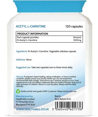 Health4All Acetyl L-Carnitine ALCAR 500mg 120 Capsules - Purest Vegan Supplement with No Additives - 120 Count - Buy Online on GoSupps.com