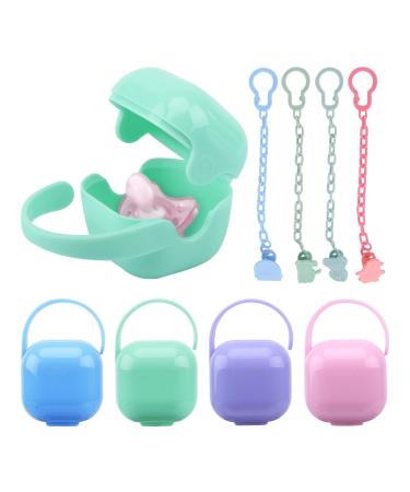 beiyoule 4 Pack Pacifier Case and Pacifier Leash Set Heat Resistance Good Sealing Pacifier Holder(Blue+Pink+Green+Purple)
