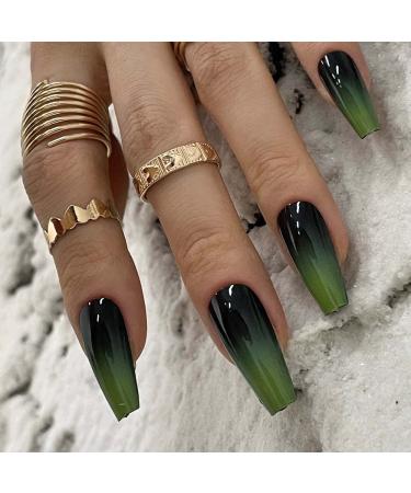 Redykat 24PCS UV Gel Glossy Coffin Press On Nails  Salon Quality Nail art  Extra Long Acrylic Fake Nails  False Nails  Home Quick Manicure (green&black ombre)