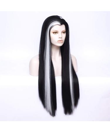 Morticia Long Straight Black & White Wig | Women's Widows Peak Costume Wig - Perfect for Halloween & Cosplay - Buy Online on GoSupps.com