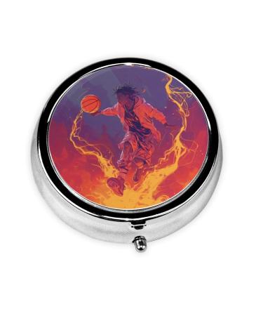 Black Man Playing Basketball Portable Metal Pill Box Round Mini 3-Compartment Plastic Insert hinged Fastening Design Suitable for Small Pills Must-Have for Travel