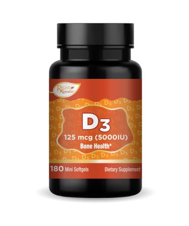 RIGHT REMEDIES Mini Vitamin D3 5000 IU (125 mcg) Dietary Supplement for Bone Teeth Muscle and Immune Health Support (180 Mini Softgels)
