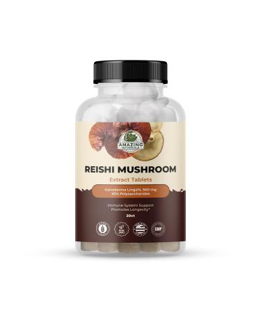 Reishi Mushroom 500mg Extract Tablets - 30% Polysaccharides - Natural Mushroom Complex for Overall Wellbeing and Immune System Support - 30 Count