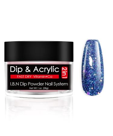 Blue Glitter Dip Powder (Added Vitamin and Calcium) I.B.N 2 In 1 Acrylic Dipping Powder 1 Ounce, Non-Toxic & Odor-Free, No Need UV LED Nail Lamp (101)