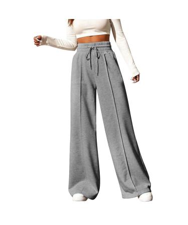 iOoppek Women's Wide Leg Sweatpants V-Neck Elastic High Waist Loose Long Pants Print Ladies Pants Gray S