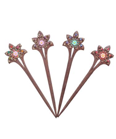 Lurrose Wooden Hair Sticks with Crystal Flowers 4pcs (Random Color)
