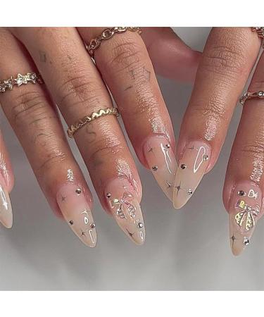 24Pcs/Set Press On Nails Mid Length ice transparent butterfly bow star sweet and cool style False Nails Acrylic Fake Nails Full Cover Nails Manicure Press on nails for Women and Girls