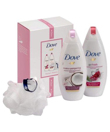 Dove Womens Beauty 4 Piece Holiday Set Includes Pomegranate Body Wash Coconut and Jasmine Body Wash and Shower Poof in a Giftable Box