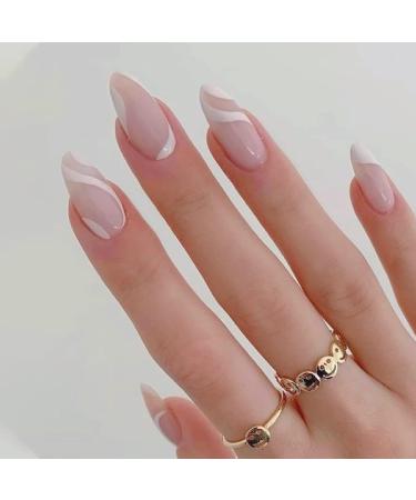 LADYING 24 Pcs Almond Short False Nails White Swirl French Press on Nails Designs Nude Medium Fake Nails Short with Nail Glue Trendy Oval Stick on Nails for Women Nail Fake Nail for Nails Art White Swirl 1 1 count (Pack of 1)