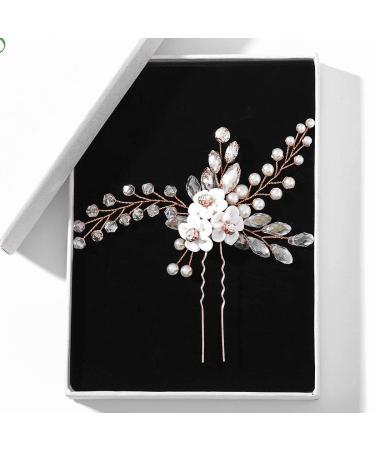 Fairvir bride hair needles silver rhinestone flower crystal bridal jewelry headdress pearls hair accessories jewelry for women and girls 2 pieces (rose gold) rose gold